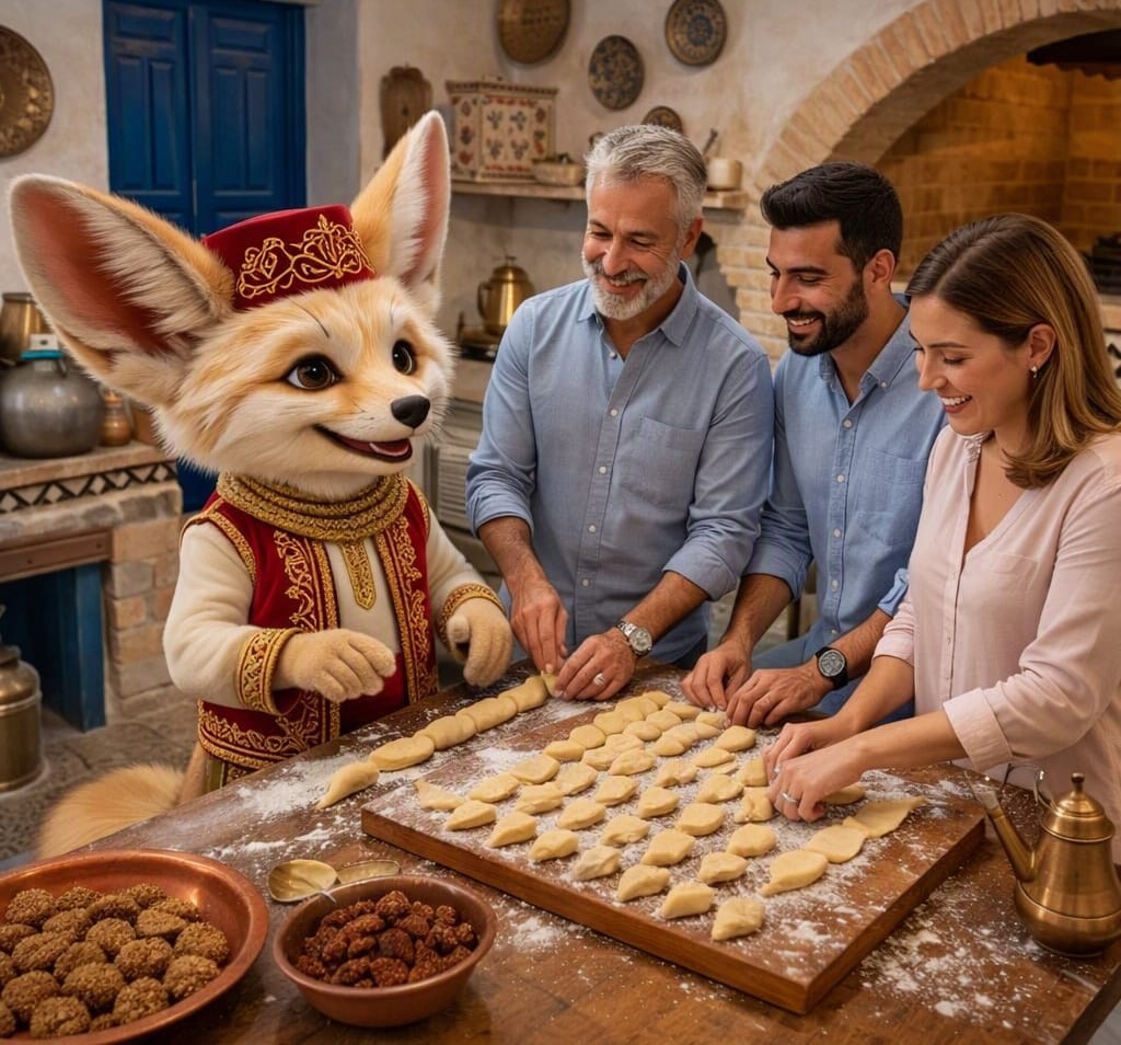 Fennouk participe à l'atelier de fabrication du makroudh, en famille