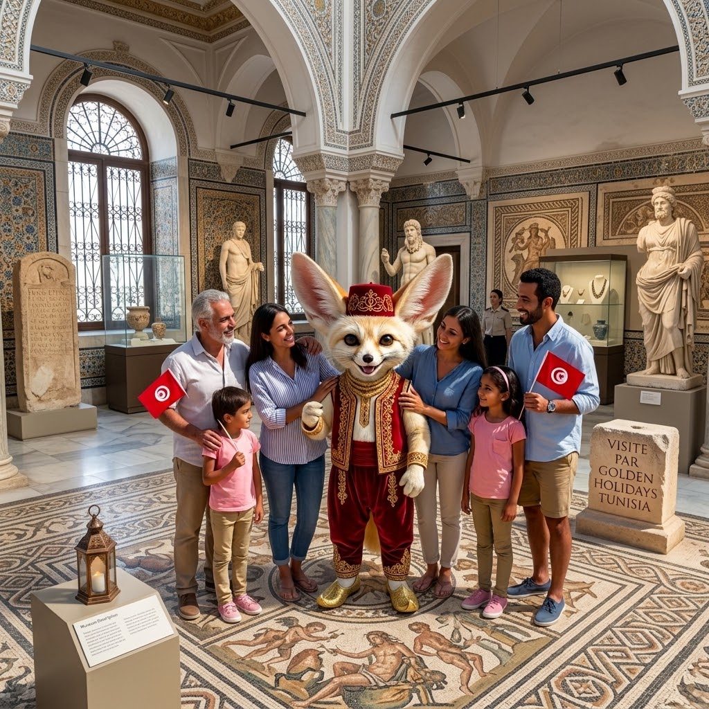 Fennouk au musée du Bardo, parmi les mosaïques