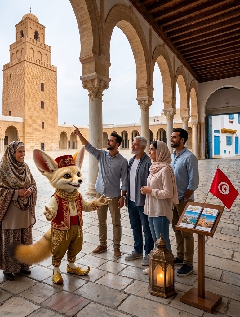 Fennouk fait visiter la Grande Mosquée de Kairouan à un groupe de voyageurs